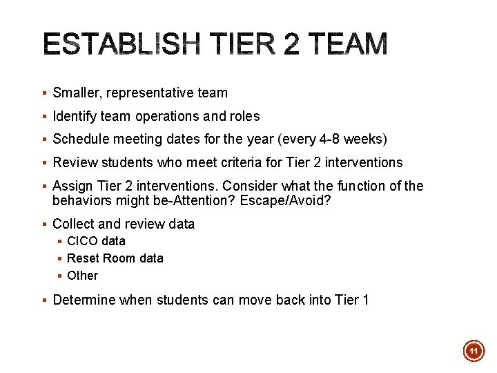 § Smaller, representative team § Identify team operations and roles § Schedule meeting dates