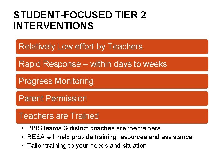 STUDENT-FOCUSED TIER 2 INTERVENTIONS Relatively Low effort by Teachers Rapid Response – within days
