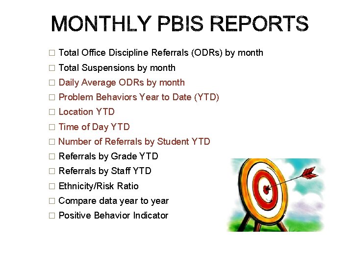 � Total Office Discipline Referrals (ODRs) by month � Total Suspensions by month �