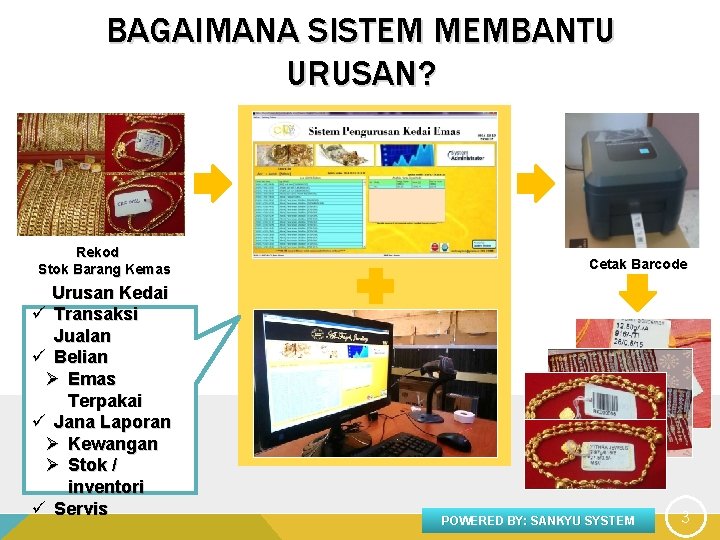 BAGAIMANA SISTEM MEMBANTU URUSAN? Rekod Stok Barang Kemas Urusan Kedai ü Transaksi Jualan ü