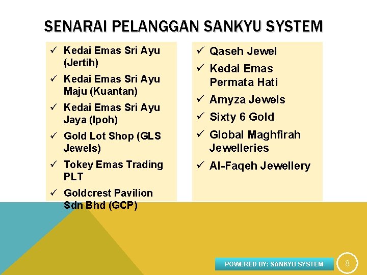 SENARAI PELANGGAN SANKYU SYSTEM ü Kedai Emas Sri Ayu (Jertih) ü Kedai Emas Sri