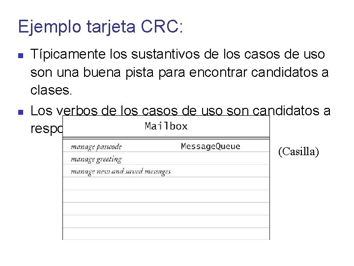 Ejemplo tarjeta CRC: Típicamente los sustantivos de los casos de uso son una buena