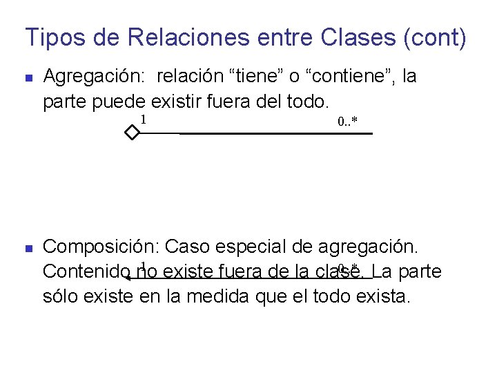 Tipos de Relaciones entre Clases (cont) Agregación: relación “tiene” o “contiene”, la parte puede