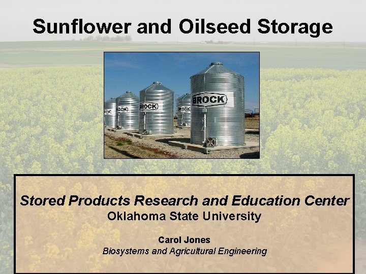 Sunflower and Oilseed Storage Stored Products Research and Education Center Oklahoma State University Carol