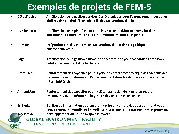 Exemples de projets de FEM-5 • Côte d’Ivoire Amélioration de la gestion des données
