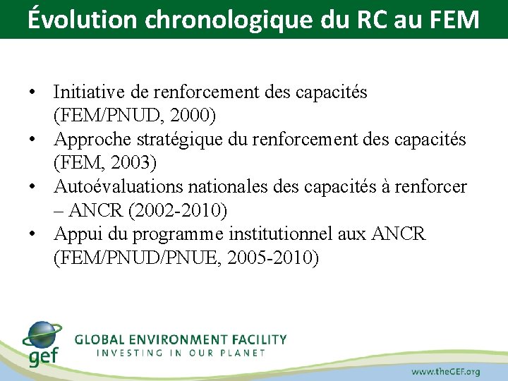 Évolution chronologique du RC au FEM • Initiative de renforcement des capacités (FEM/PNUD, 2000)