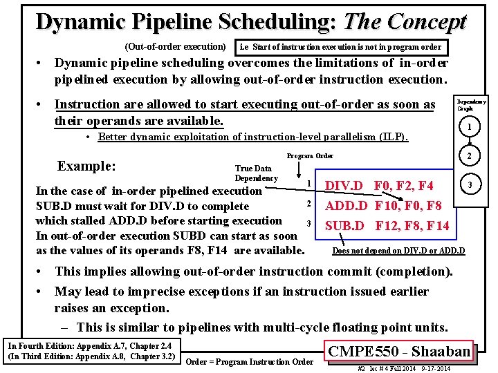 Dynamic Pipeline Scheduling: The Concept (Out-of-order execution) i. e Start of instruction execution is