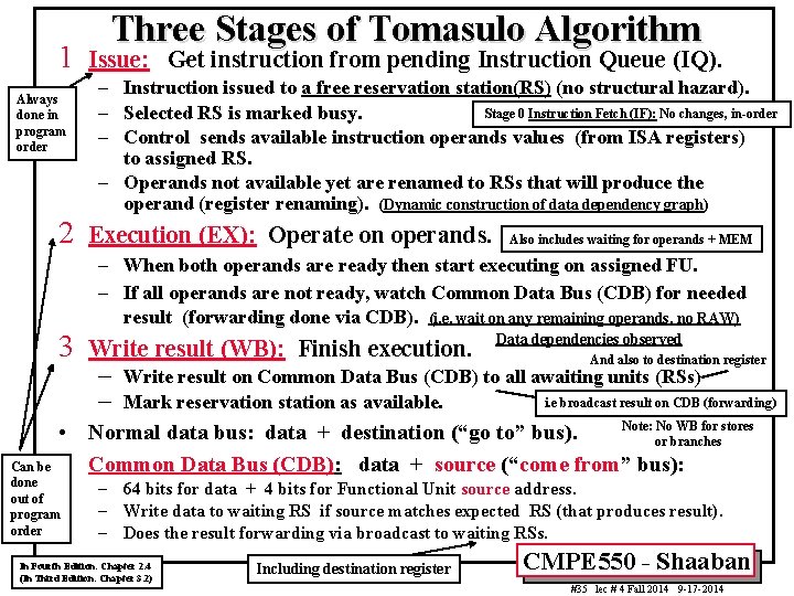 1 Always done in program order 2 Three Stages of Tomasulo Algorithm Issue: Get