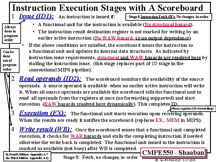 Instruction Execution Stages with A Scoreboard 1 Issue (ID 1): Always done in program