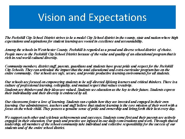 Vision and Expectations The Peekskill City School District strives to be a model City