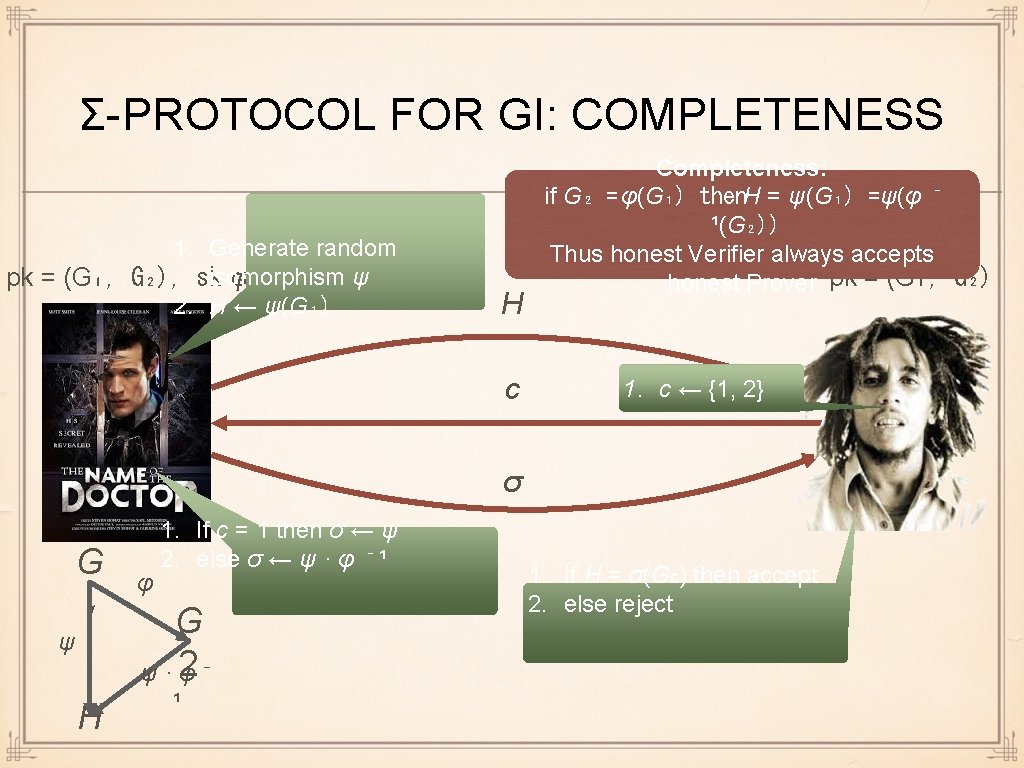 Σ-PROTOCOL FOR GI: COMPLETENESS 1. Generate random ψ pk = (G₁, G₂), skisomorphism φ