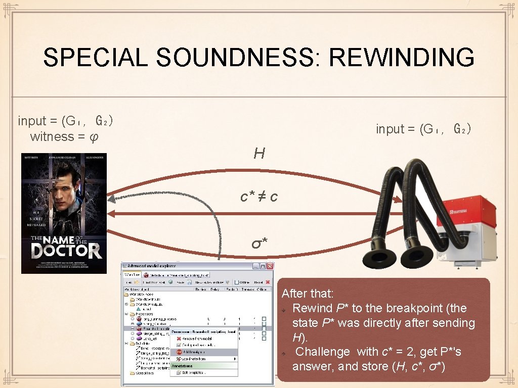 SPECIAL SOUNDNESS: REWINDING input = (G₁, G₂) witness = φ input = (G₁, G₂)