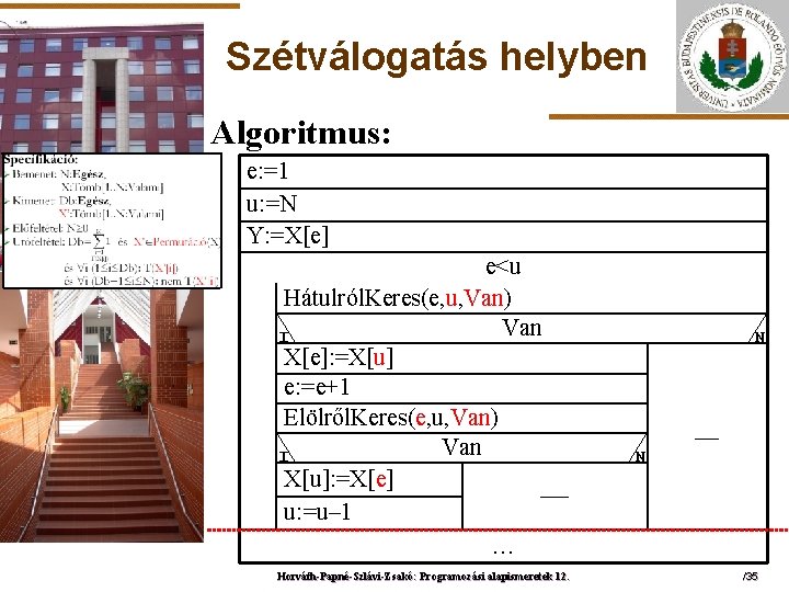 Szétválogatás helyben Algoritmus: e: =1 u: =N Y: =X[e] ELTE e<u Hátulról. Keres(e, u,
