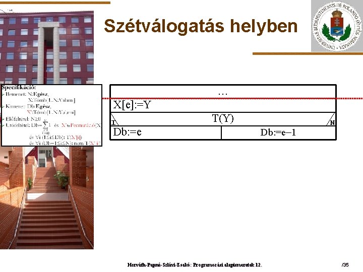 Szétválogatás helyben … X[e]: =Y ELTE I T(Y) Db: =e– 1 Horváth-Papné-Szlávi-Zsakó: Programozási alapismeretek