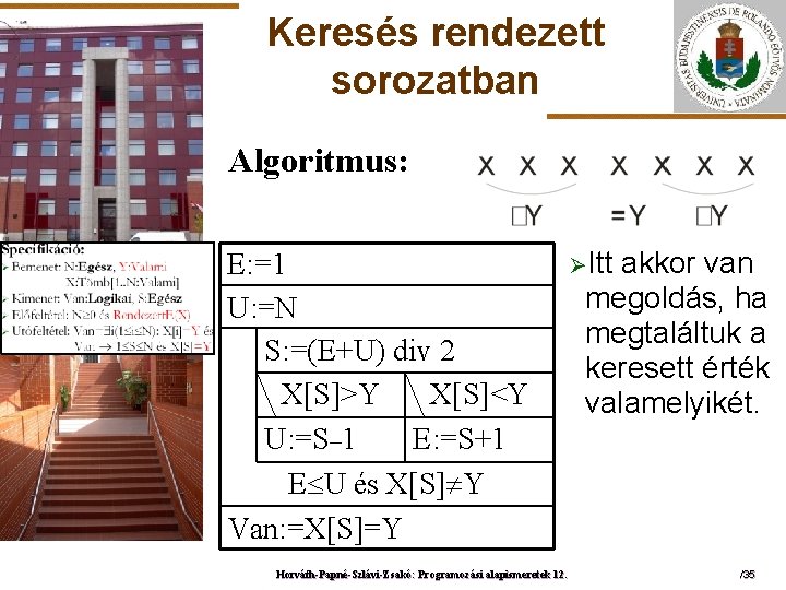 Keresés rendezett sorozatban Algoritmus: ELTE E: =1 U: =N S: =(E+U) div 2 X[S]>Y