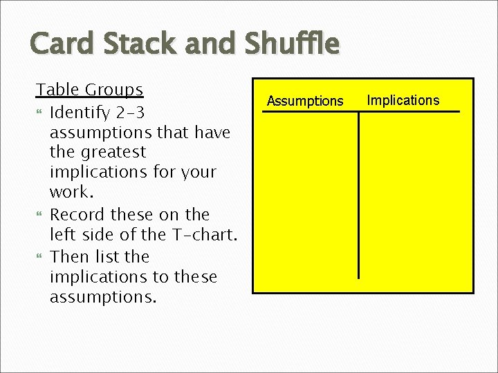 Card Stack and Shuffle Table Groups Identify 2 -3 assumptions that have the greatest Card Stack and Shuffle Table Groups Identify 2 -3 assumptions that have the greatest