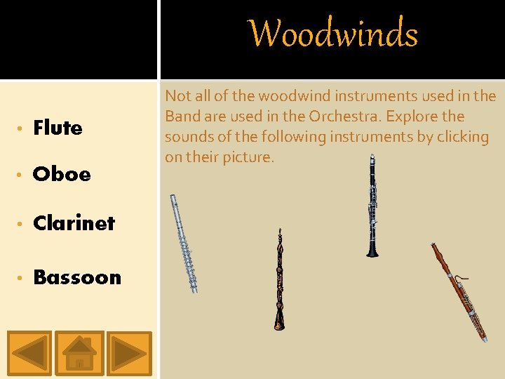 Woodwinds • Flute • Oboe • Clarinet • Bassoon Not all of the woodwind