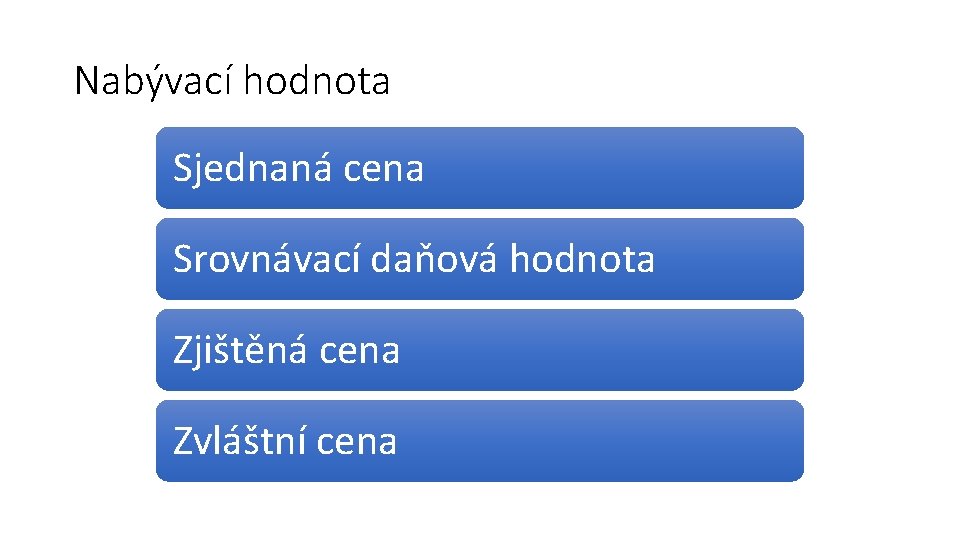 Nabývací hodnota Sjednaná cena Srovnávací daňová hodnota Zjištěná cena Zvláštní cena 