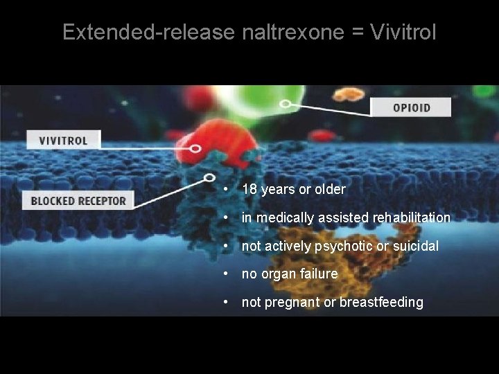 Extended-release naltrexone = Vivitrol • 18 years or older • in medically assisted rehabilitation