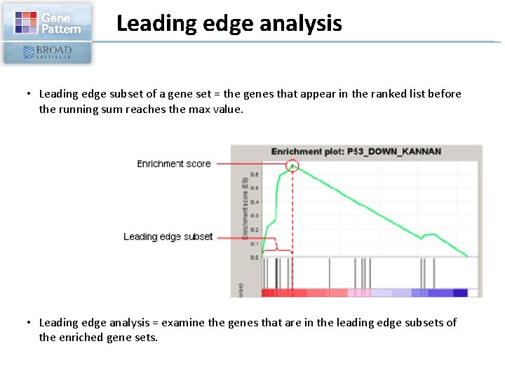 Leading edge analysis • Leading edge subset of a gene set = the genes