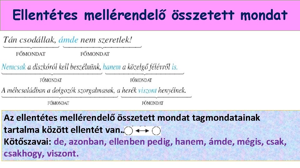 Ellentétes mellérendelő összetett mondat Az ellentétes mellérendelő összetett mondat tagmondatainak tartalma között ellentét van.