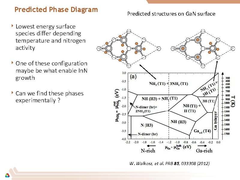Predicted Phase Diagram Predicted structures on Ga. N surface ‣ Lowest energy surface species
