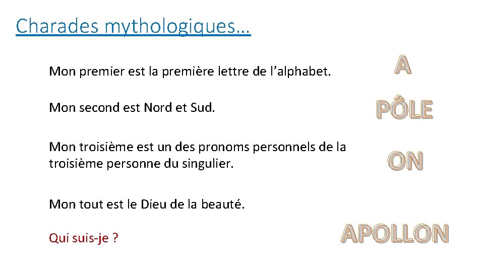 Charades mythologiques… A Mon premier est la première lettre de l’alphabet. PÔLE Mon second