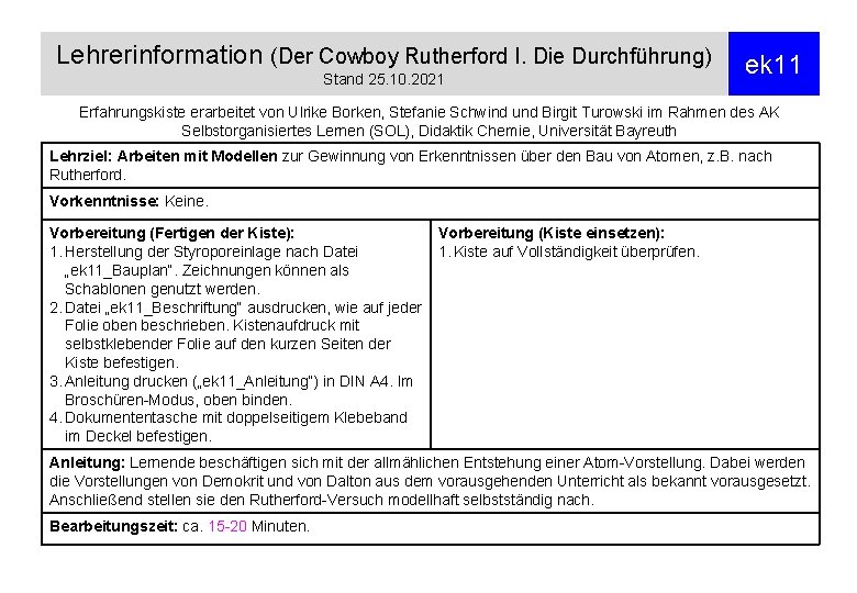 Lehrerinformation (Der Cowboy Rutherford I. Die Durchführung) Stand 25. 10. 2021 ek 11 Erfahrungskiste