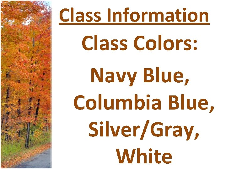 Class Information Class Colors: Navy Blue, Columbia Blue, Silver/Gray, White 