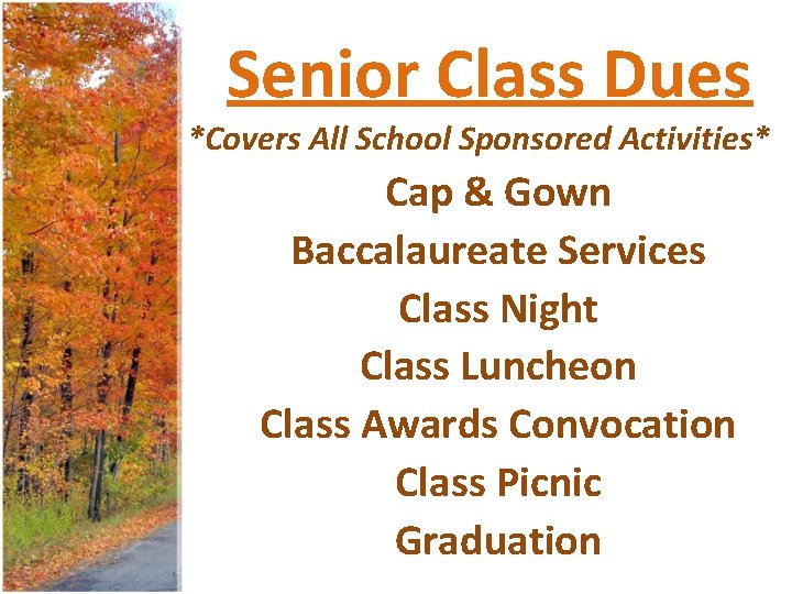 Senior Class Dues *Covers All School Sponsored Activities* Cap & Gown Baccalaureate Services Class