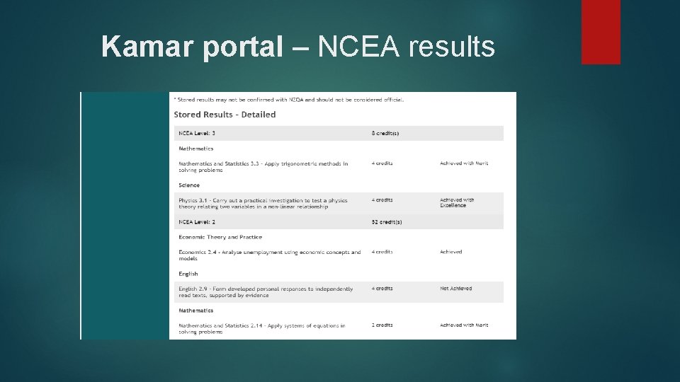 Kamar portal – NCEA results 