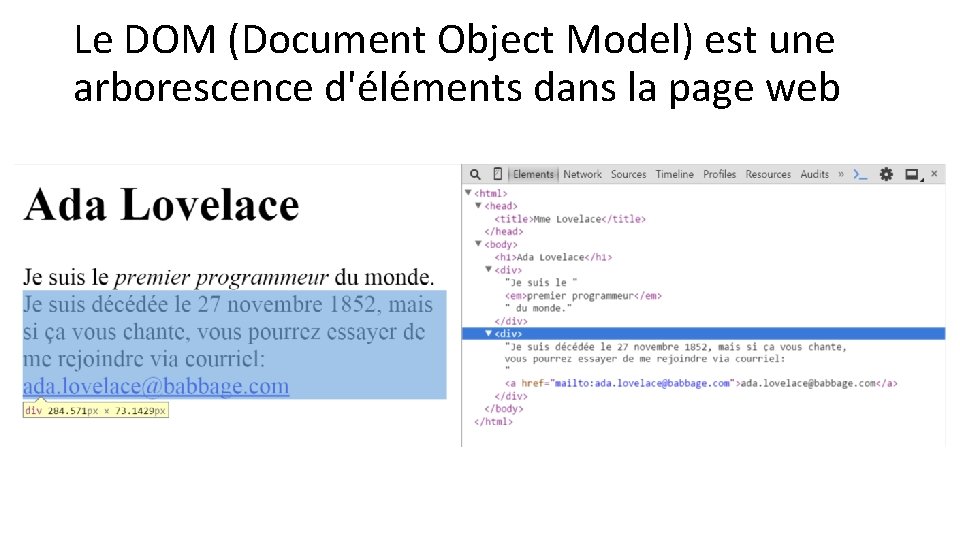 Le DOM (Document Object Model) est une arborescence d'éléments dans la page web 