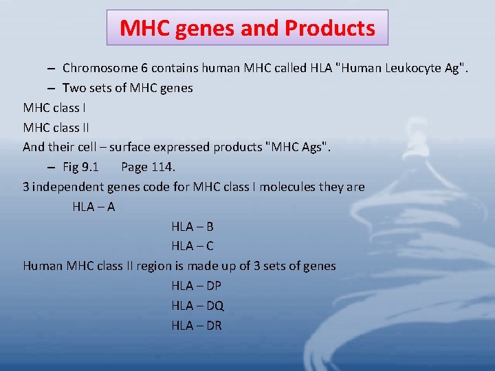 MHC genes and Products – Chromosome 6 contains human MHC called HLA "Human Leukocyte