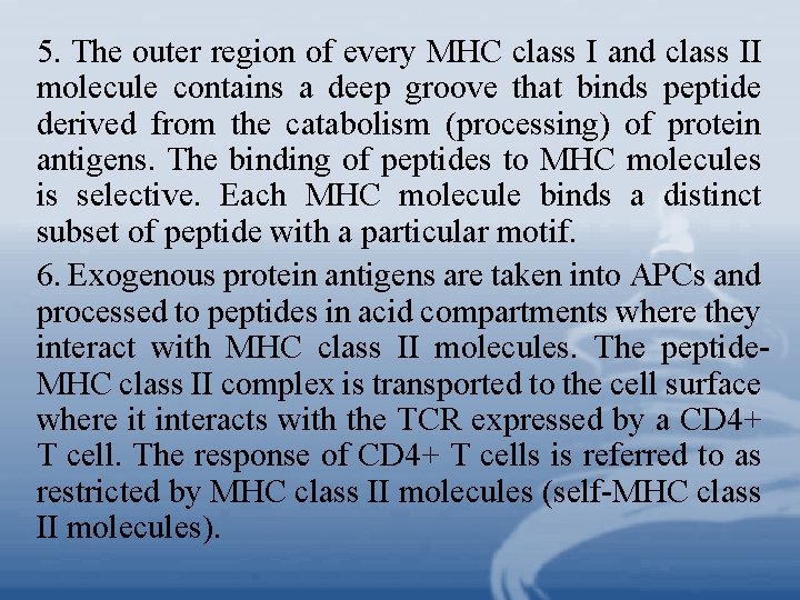 5. The outer region of every MHC class I and class II molecule contains 5. The outer region of every MHC class I and class II molecule contains