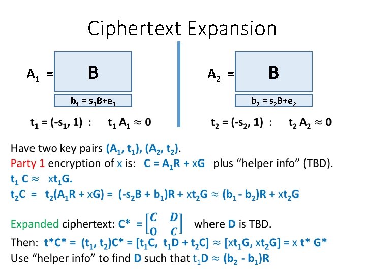 Ciphertext Expansion A 1 = B b 1 = s 1 B+e 1 •