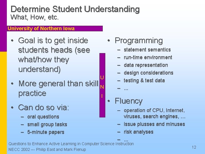 Determine Student Understanding What, How, etc. University of Northern Iowa • Goal is to