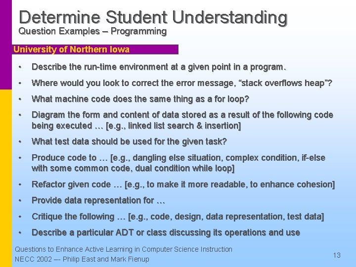 Determine Student Understanding Question Examples – Programming University of Northern Iowa • Describe the