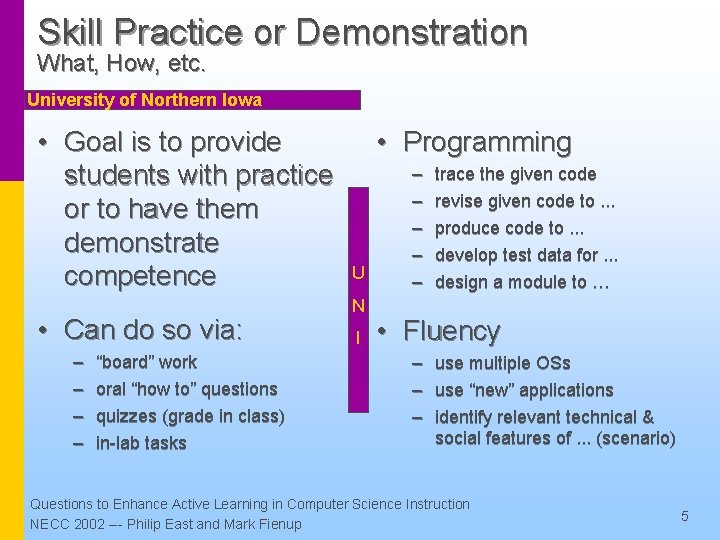Skill Practice or Demonstration What, How, etc. University of Northern Iowa • Goal is