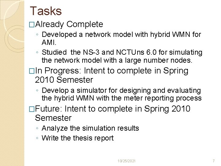 Tasks �Already Complete ◦ Developed a network model with hybrid WMN for AMI. ◦ Tasks �Already Complete ◦ Developed a network model with hybrid WMN for AMI. ◦
