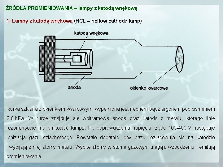 ŹRÓDŁA PROMIENIOWANIA – lampy z katodą wnękową 1. Lampy z katodą wnękową (HCL –