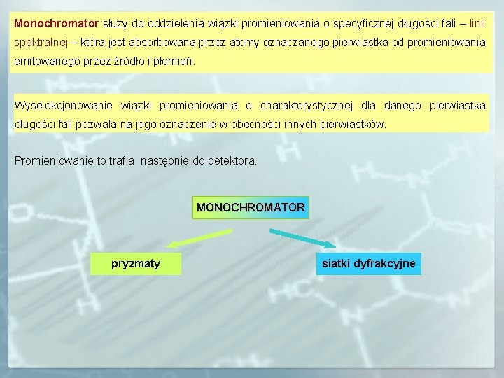 Monochromator służy do oddzielenia wiązki promieniowania o specyficznej długości fali – linii spektralnej –