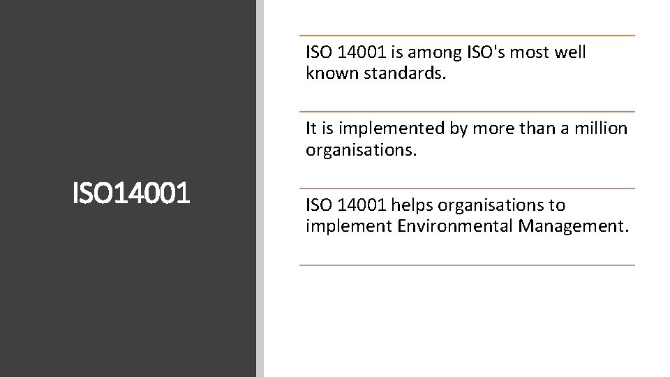 ISO 14001 is among ISO's most well known standards. It is implemented by more