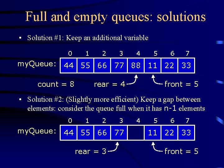 Full and empty queues: solutions • Solution #1: Keep an additional variable 0 1