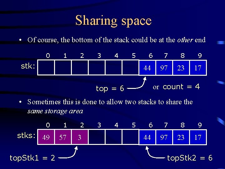 Sharing space • Of course, the bottom of the stack could be at the