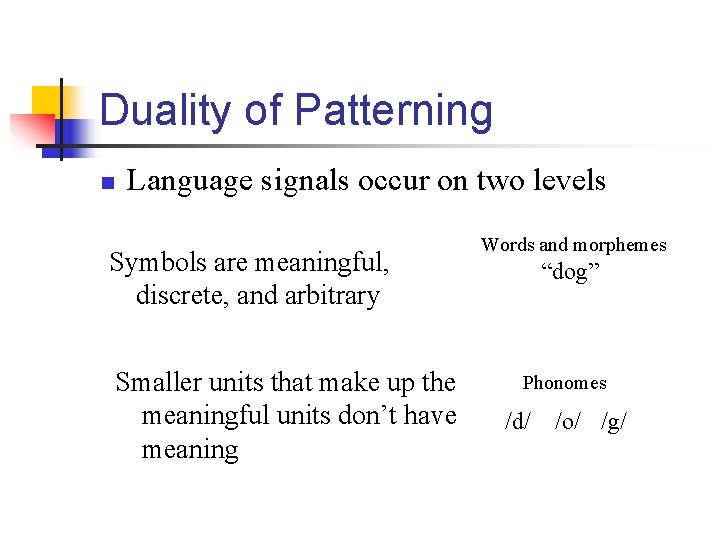 Duality of Patterning n Language signals occur on two levels Symbols are meaningful, discrete,