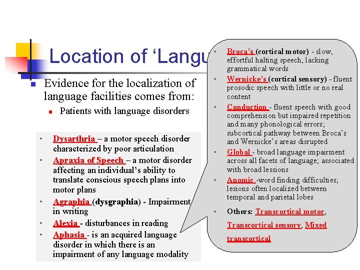 Location of ‘Language Organ’ • Evidence for the localization of language facilities comes from: