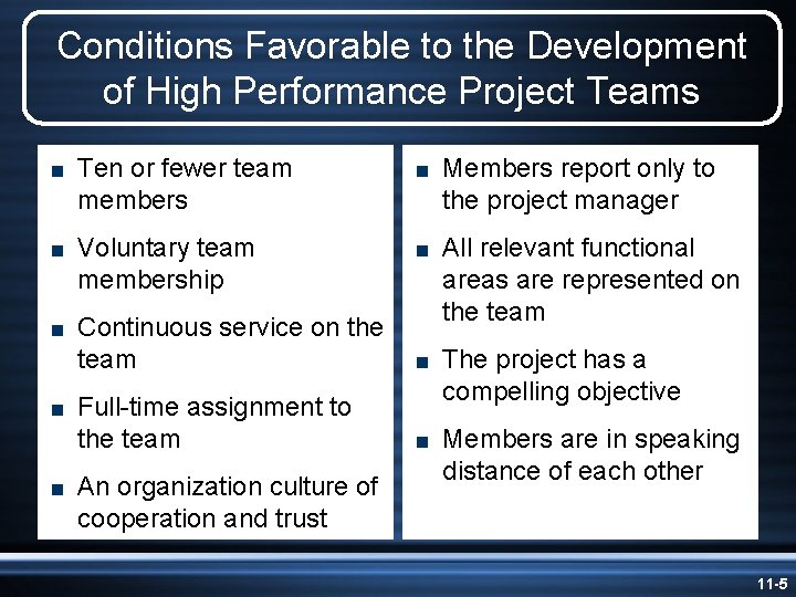 Conditions Favorable to the Development of High Performance Project Teams < Ten or fewer