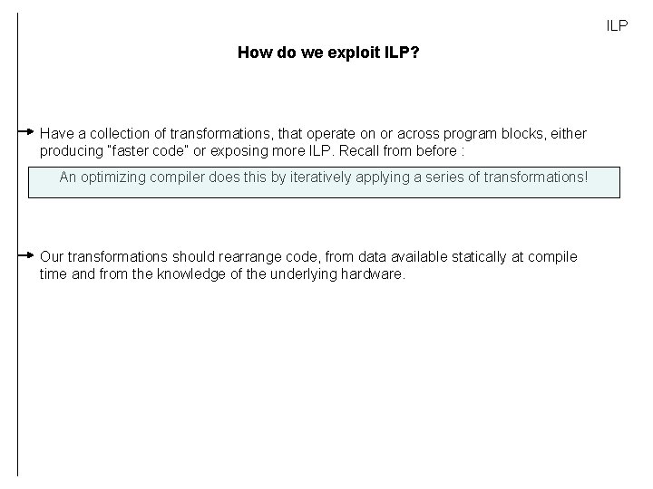 ILP How do we exploit ILP? Have a collection of transformations, that operate on