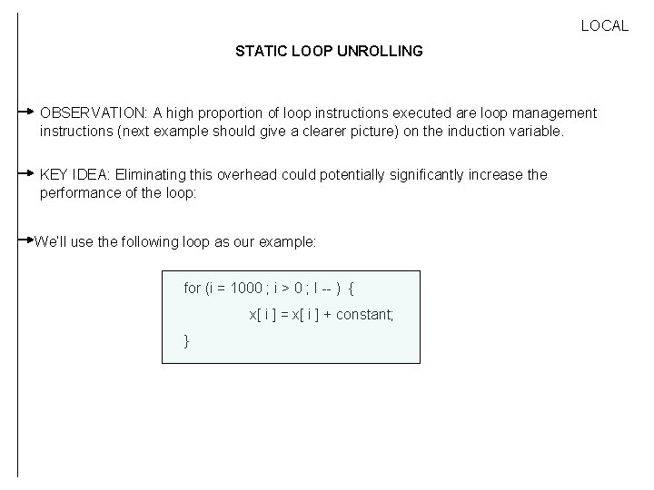 LOCAL STATIC LOOP UNROLLING OBSERVATION: A high proportion of loop instructions executed are loop