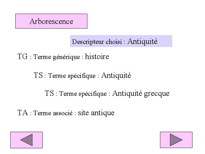 Arborescence Descripteur choisi : Antiquité TG : Terme générique : histoire TS : Terme